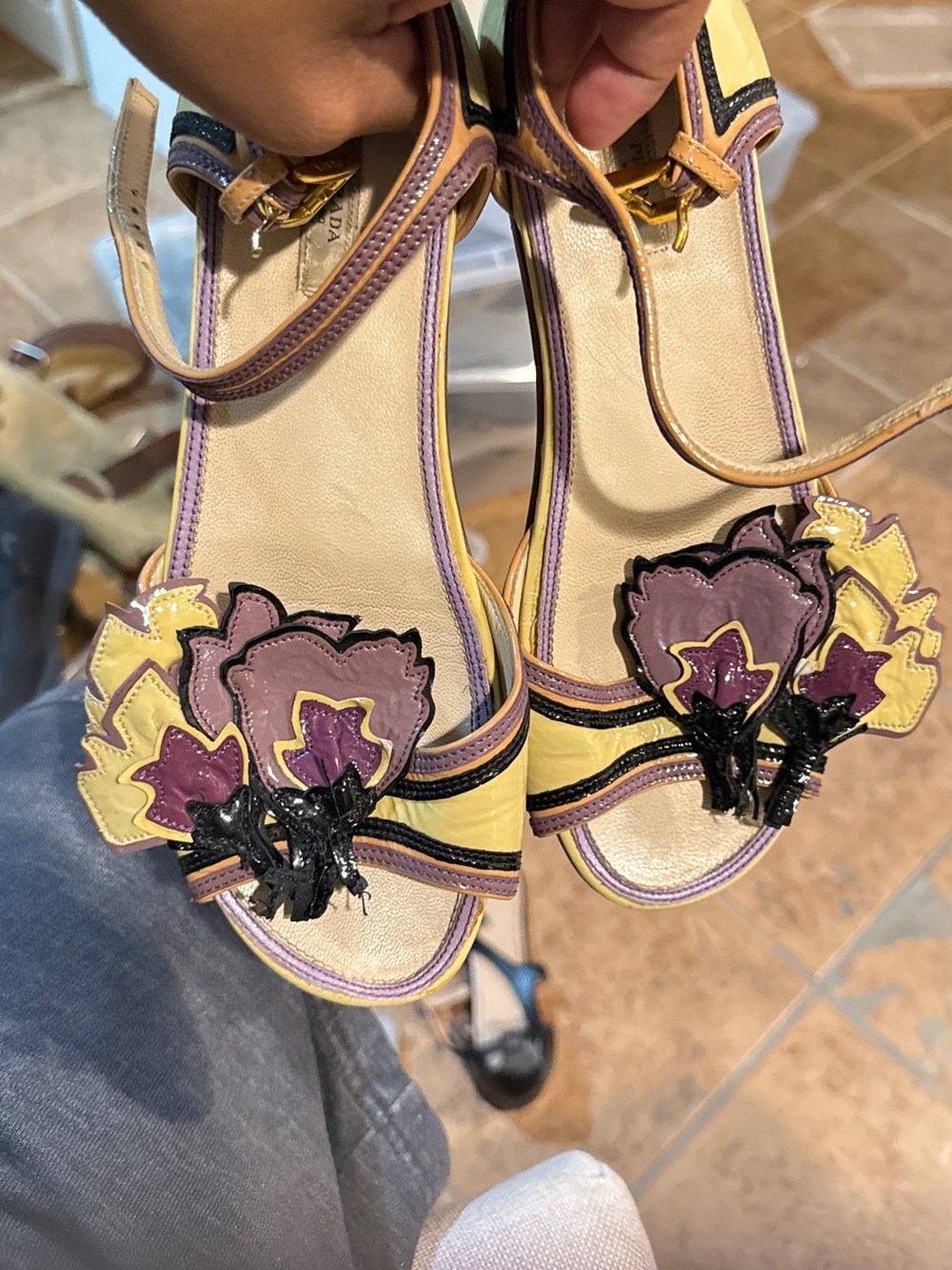 Prada Yellow and Purple Floral Appliqué Heeled Sandals